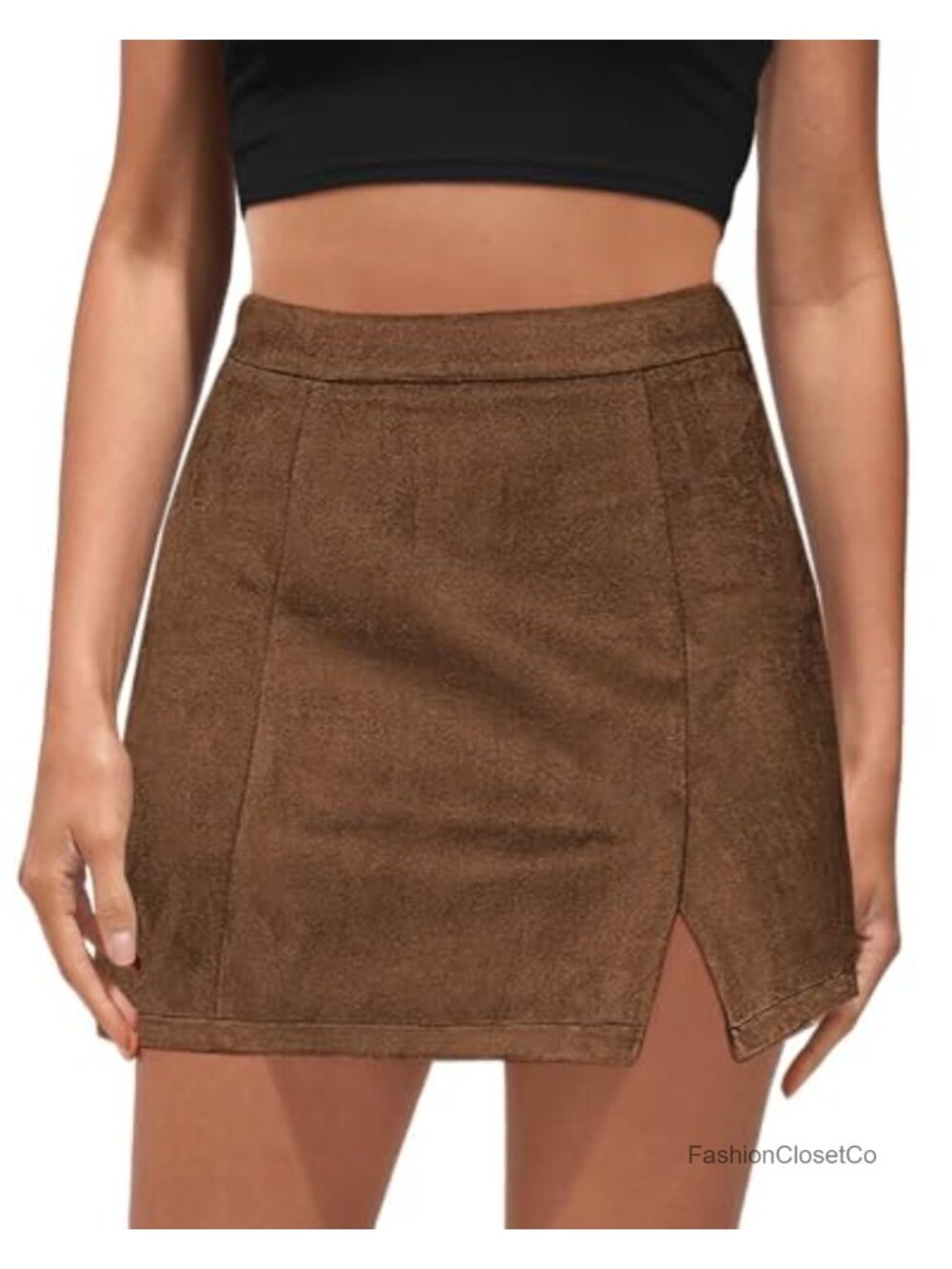 High Waisted Side Split Mini Skirt Bodycon Suede Polyester Spandex